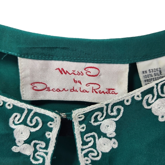 Miss D By Oscar de la Renta Emerald Silk Blouse White Embroidery Vintage 8 - Picture 8 of 12